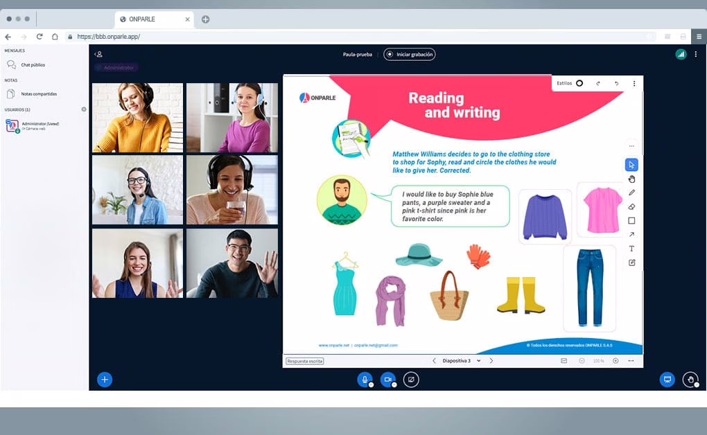 interfaz_ADULTOS-Grupales Plataforma idiomas onparle inglés francés español