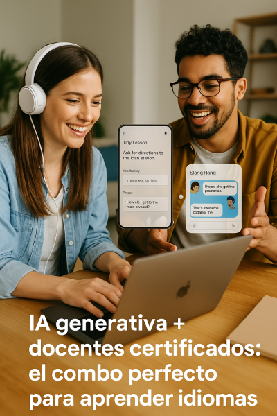 Estudiantes usando herramientas de inteligencia artificial para aprender idiomas junto a un computador portátil, en un ambiente moderno y acogedor, destacando el uso combinado de tecnología y educación personalizada con docentes certificados de Onparle.net
