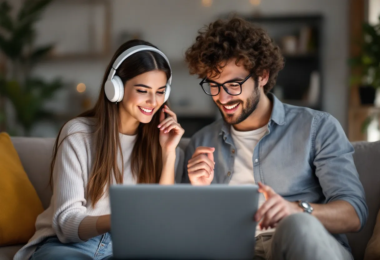 Estudiantes usando herramientas de inteligencia artificial para aprender idiomas junto a un computador portátil, en un ambiente moderno y acogedor, destacando el uso combinado de tecnología y educación personalizada con docentes certificados de Onparle.net